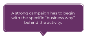 But a strong campaign must begin with the specific “business why” behind the activity.